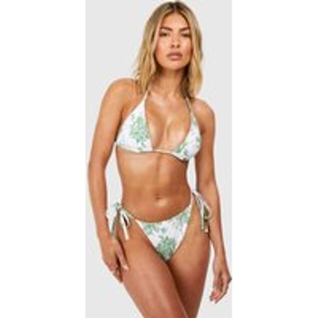 Womens Floral Print Padded Triangle Bikini Top & Tie Side Bikini Bottoms Set - Green - 16