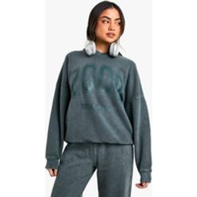 Womens 2000 Brooklyn Slogan V Neck Acid Wash Sweatshirt - Green - M