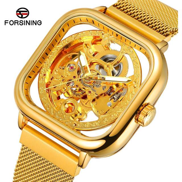 Square Men's Watch Mechanical Stainless Steel Skeleton Waterproof Automatic Self-Winding Dial rose gold