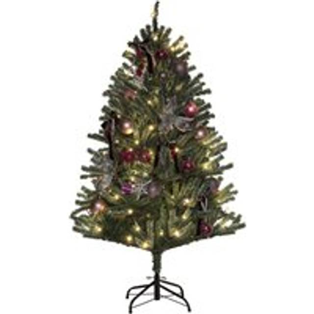 Homcom 5ft Artificial Prelit Christmas Tree With Warm White Led Lights And 486 Tips, Metal Stand, Xmas Tree With Purple Ornaments For Home Office Holi