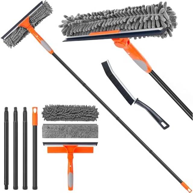 Window Cleaner Tool for Home, Long Handle 151 cm Squeegee Kit for Glass, Car Windshield, Mirror, Shower Door Cleaning, 2 in 1 Outdoor Window Washer