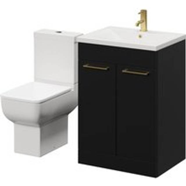 Wholesale Domestic Alessio Vanity Unit and Toilet Suite including Open Back Toilet and Floor Standing Vanity Unit with 2 Doors and Brushed Brass Handles | Matt Black | MDF | 600mm