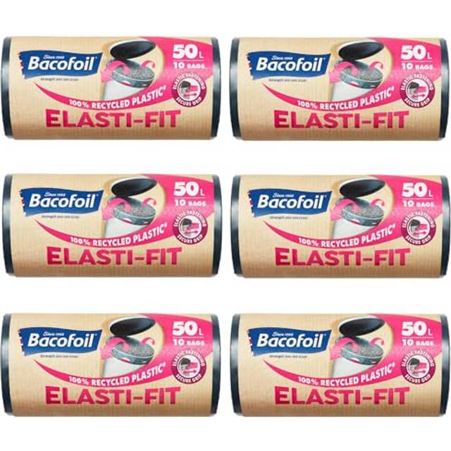 Bacofoil Elasti-Fit Bin Liners - 50L Recycled bin bags, 6 Rolls (60 Bags) - Leak-Proof, Elastic Fastening for Secure Fit - Made from 100% Recycled