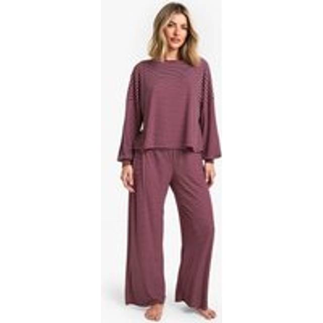 Womens Petite Loungewear Stripe Long Sleeve Top & Trousers Pyjama Set - Red - 8