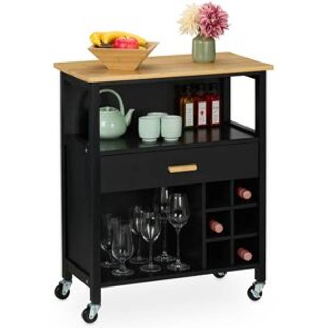 Relaxdays - Kitchen Island Cart, Wine Rack for 6 Bottles, 2 Shelves, 80x65x35 cm, Bamboo Top, mdf, Rolling Trolley, Black