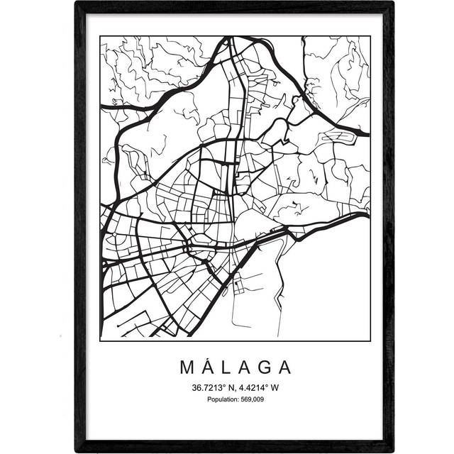Sheet Malaga city map Nordic style and Poster black white. A4 250