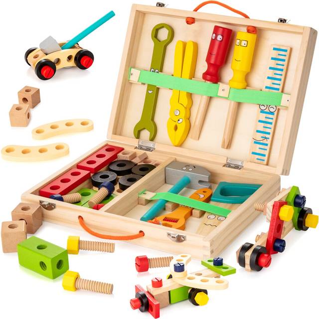 KIDWILL Tool Kit for Kids, Wooden Tool Box with Colorful Wooden Tools, Building Toy Set Creative DIY Educational Construction Toy, for Toddlers 3 Year