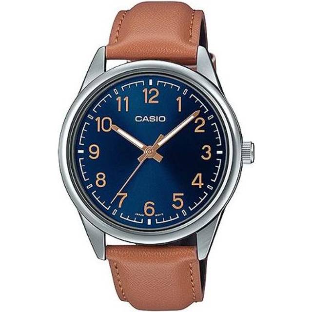 Men's CASIO DRESS Series Minimalistic Retro Small Business Watch Navy Blue Mens Brown Analog MTP-V005L-2B4 - Free