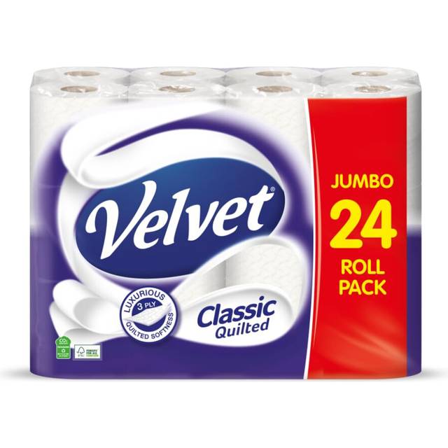Velvet Classic Quilted Toilet Tissue 24 Rolls - Luxuriously Soft, Strong and Absorbent Toilet Roll - Jumbo Bulk Pack 24 Rolls - 3-ply - White