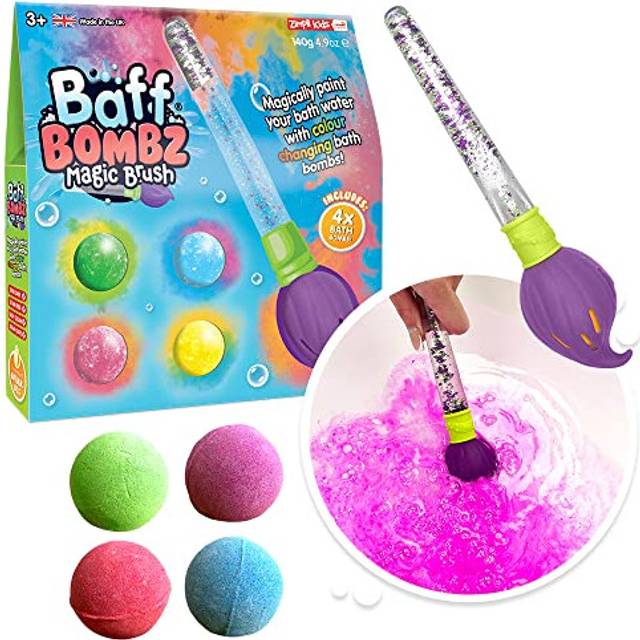 Baff Bombz Magic Brush from Zimpli Kids, 4 x Bath Bombs, Magically Paint your Bath Water, Creative Bath Toy for Children, Birthday Gifts for Boys &