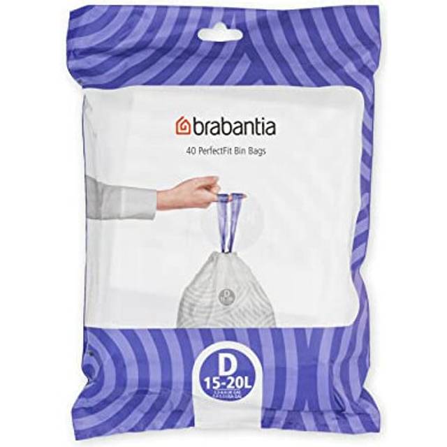 Brabantia PerfectFit Bin Liners (Size D/15-20 Litre) Thick Plastic Trash Bags with Tie Tape Drawstring Handles (40 Bags)