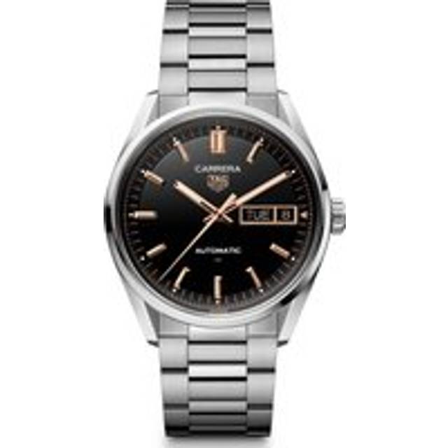 New - TAG Heuer Carrera Day-Date 41 mm Watch - Black Dial - Rose Gold Indexes - Steel Band and Case
