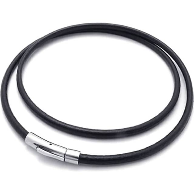 Jewelry Men&#39;s Necklace - Chain - 3mm Cord - Leather - Stainless Steel - for Men - Color Black Silver - With Gift Bag - 55cm
