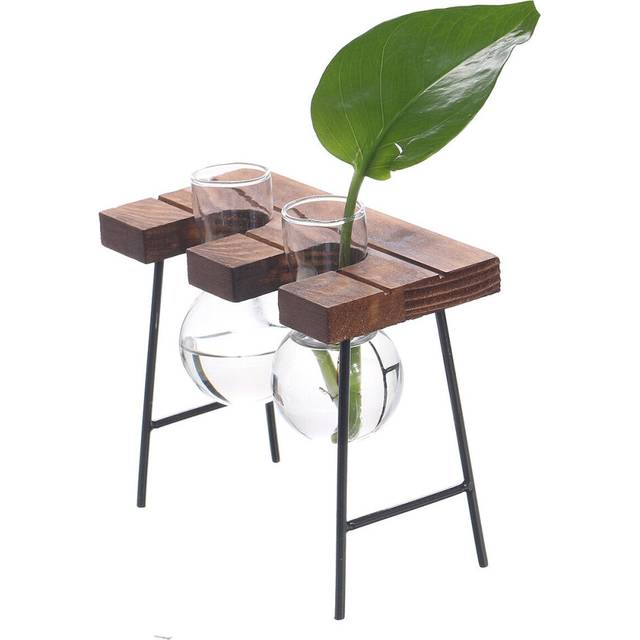 (3) Ball Shape Glass Vase Plant Hydroponic Container Flower Bottle Table Desk Decor with Wooden Shelf Stand