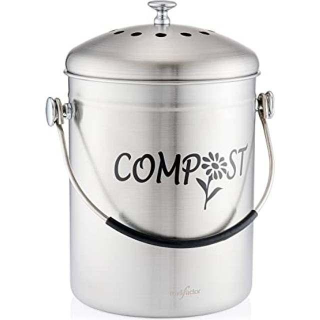 RED FACTOR Deluxe Compost Bin for Kitchen Worktop - Stainless Steel Food Waste Caddy with Innovative Dual Filter Technology - Includes Replacemen