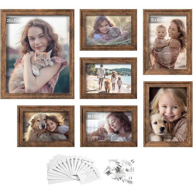 Set of 10 Picture Frames with 16 Mats, Rustic Brown / 7 Pack