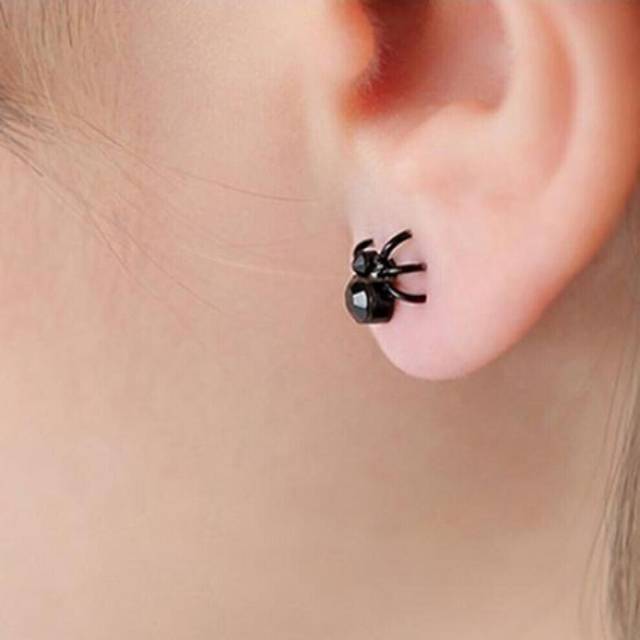 Women Fashion Creative Cute Punk Cool Black 3D Animal Mini Spider Stud Earrings