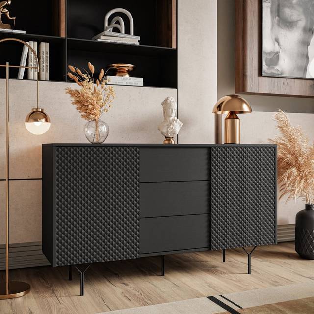 Two-door Sideboard RICHMOND 2D KSZ144 with drawers - Black (82.6cm H X 144cm W X 37.5cm D)