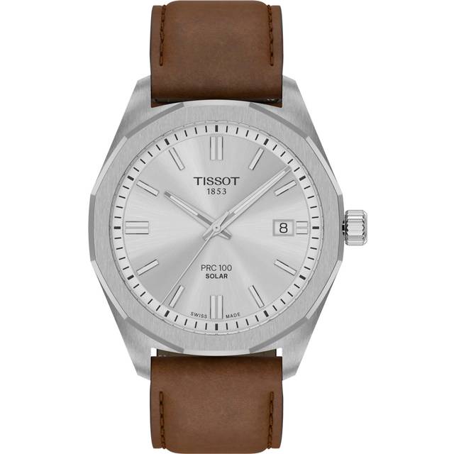 TISSOT PRC 100 Solar Quartz 39MM Silver Dial Leather Men's Watch T151.422.16.031.00 / T1514221603100 - 39 mm