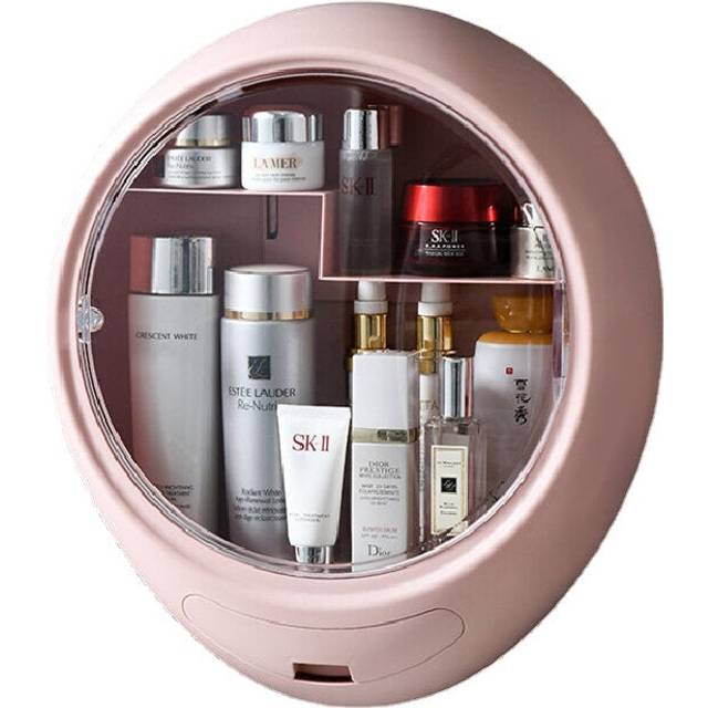(Pink) Creative Wall Mounted Cosmetic Storage Box Dust Proof Bathroom Toilet Wall Mounted Free Punch Skin Care Product Rack