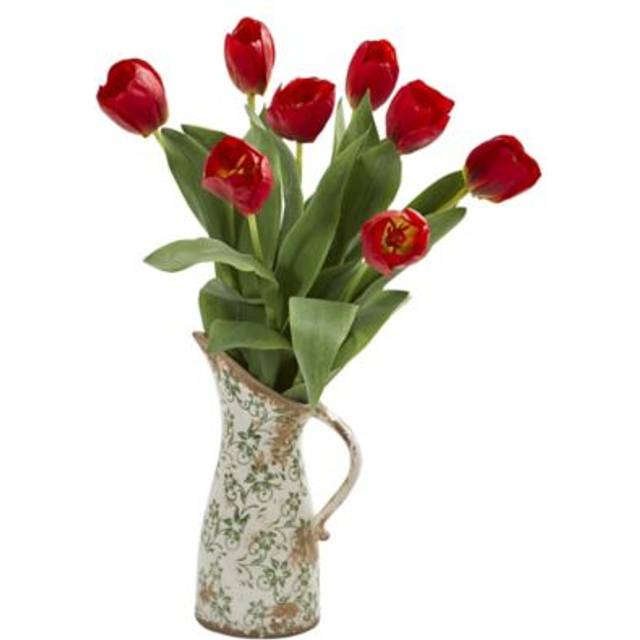 Nearly Natural 19in. Tulip Artificial Floral Pitcher Silk Arrangements, Red