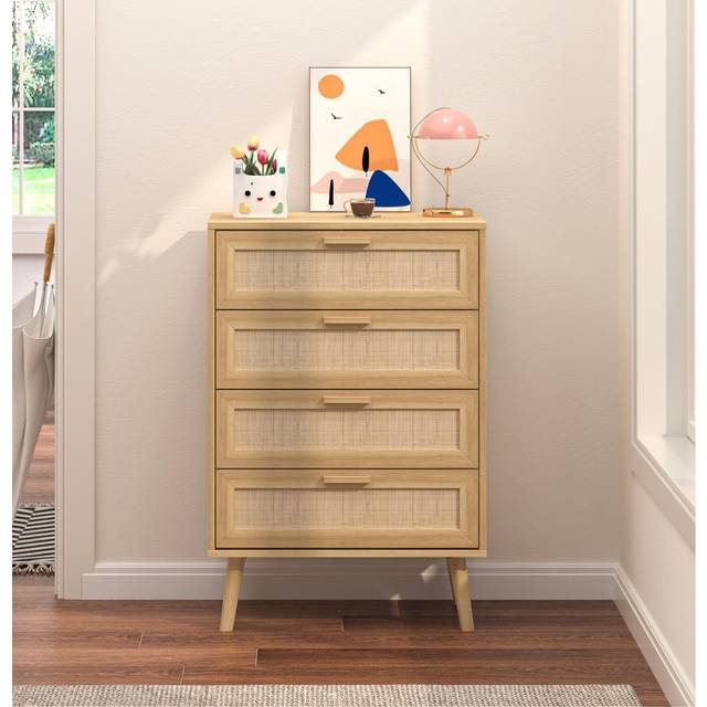 Anelise Chest of 4 Drawers Rattan Fronts & Solid Wooden Legs 60cm Wide - Brown (89cm H X 60cm W X 34.5cm D)