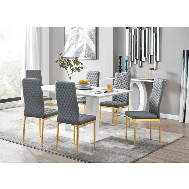 Edzard Double Pedestal High Gloss Dining Table Set with 6 Luxury Faux Leather Dining Chairs - Gold (6)