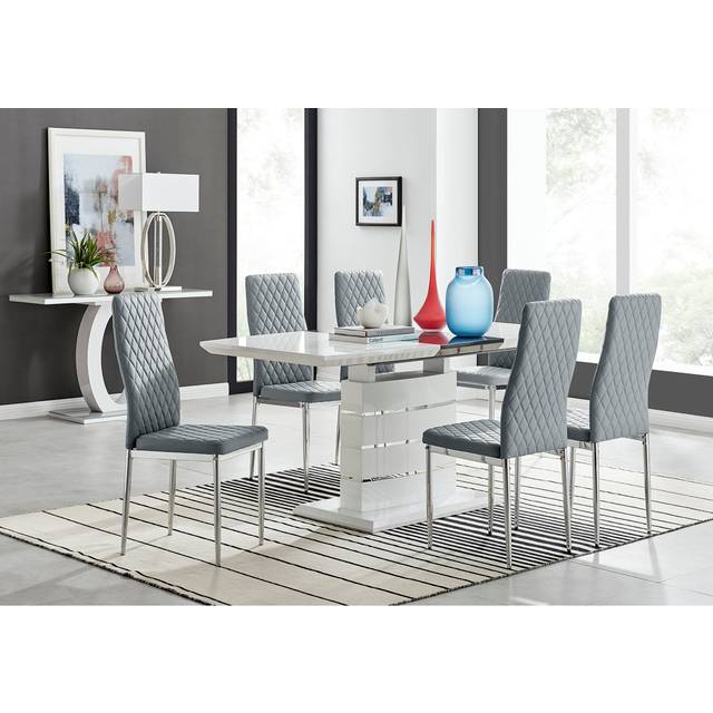 Renne Modern High Gloss Extendable Dining Table Set With 6 Quilted Faux Leather Dining Chairs - Gold