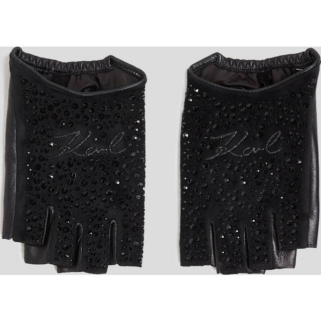 Karl Lagerfeld, K/signature Glitter Fingerless Gloves, Woman, Black Embellishment, Size: S