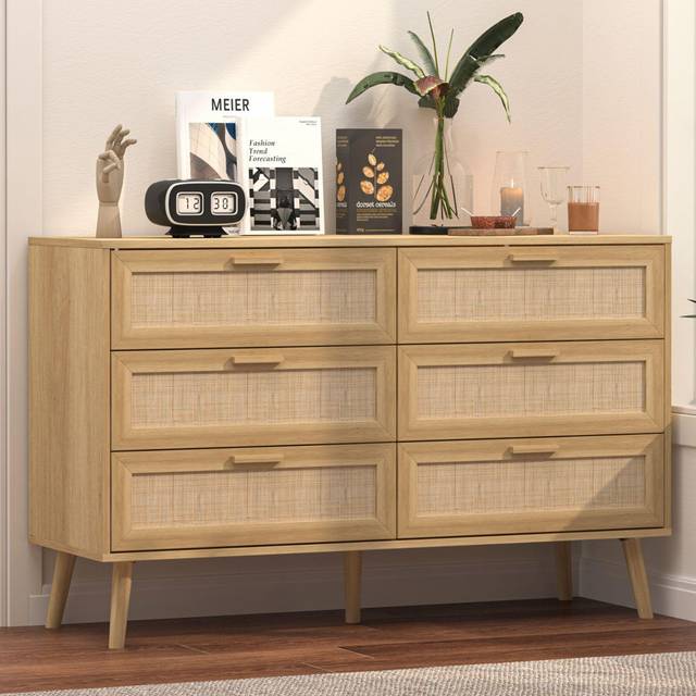 Anelise Chest of 6 Drawers Rattan Fronts & Solid Wooden Legs 120cm Wide - Brown (76cm H X 120cm W X 39.5cm D)