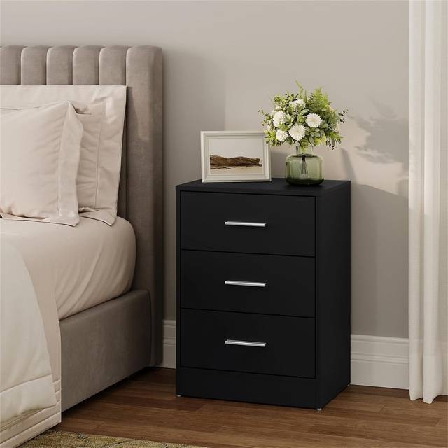 Bedside Tables Set Of 2, Chest Of 3 Drawers Nightstands - Black (54cm H X 39cm W X 28cm D)