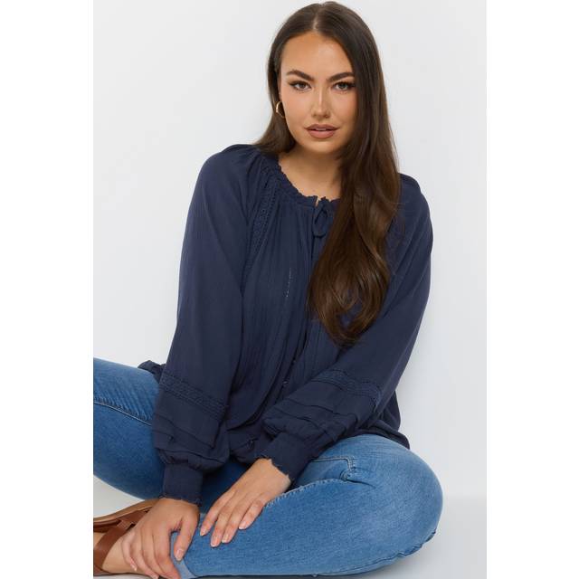 Yours Curve Navy Blue Tie Neck Pintuck Top, Women's Curve & Plus Size, Yours - 30-32