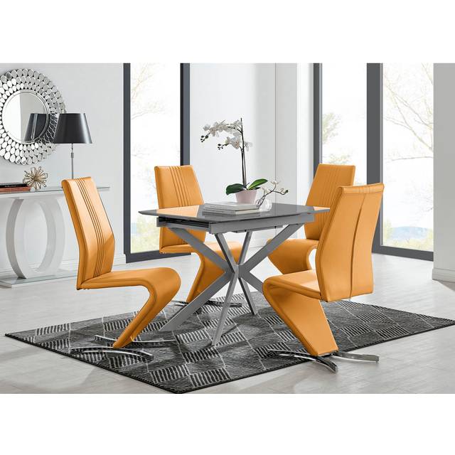 Eubanks Modern High Gloss Extendable Dining Table Set with x4 Luxury Faux Leather Dining Chairs - Mustard (4)