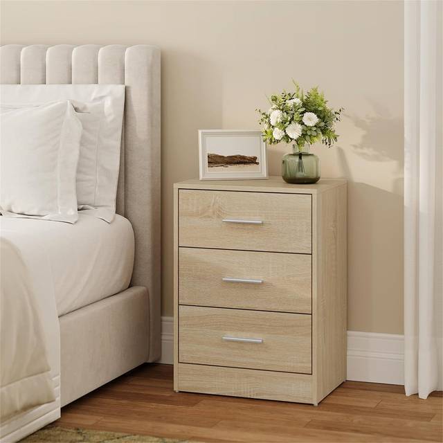 Bedside Tables Set Of 2, Chest Of 3 Drawers Nightstands - Natural (54cm H X 39cm W X 28cm D)