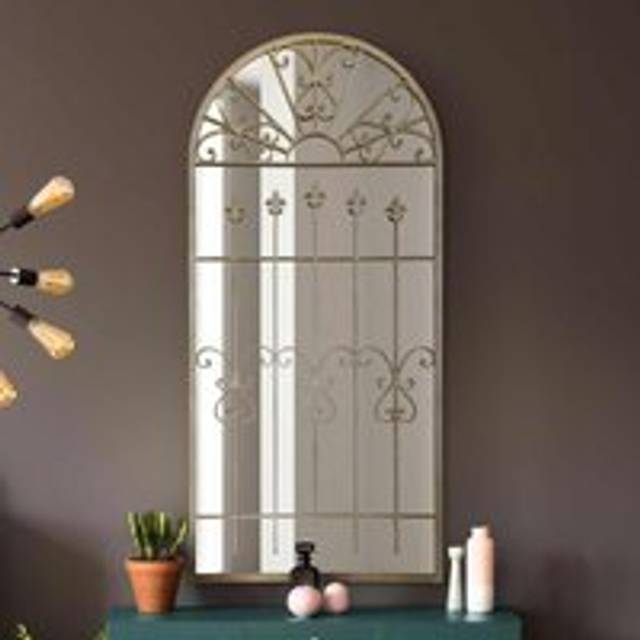 MirrorOutlet Somerley - Extra Large Rustic Framed Arched Gothic Window Style Leaner Wall Mirror 63" X 30" (160cm X 75cm) Stone Colour, Cream