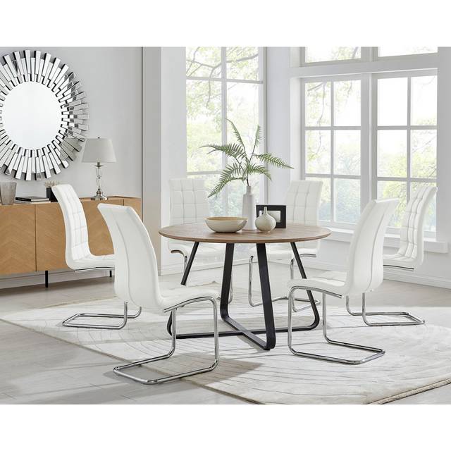 Sandy Classic Wood Effect & Metal Dining Table Set with 6 Modern Faux Leather Dining Chairs - Silver (6)