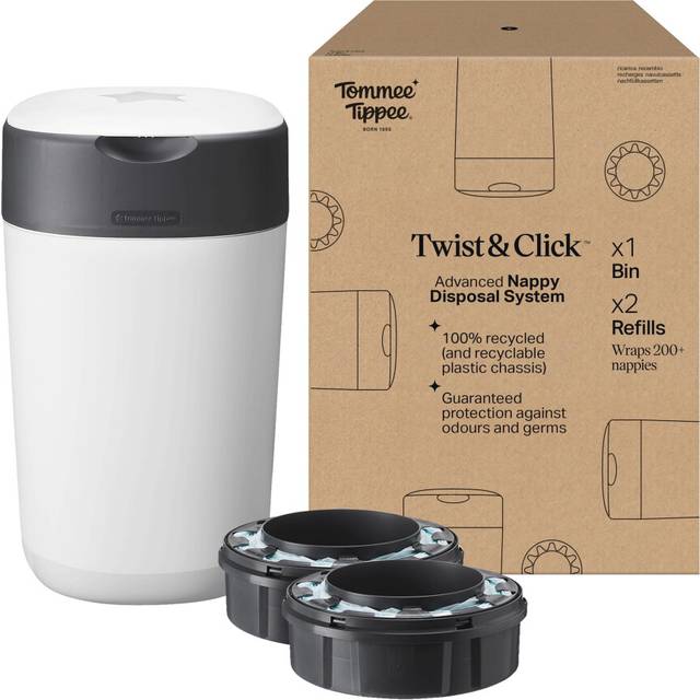 Tommee Tippee Twist and Click Advanced Nappy Bin, Exclusive Pack including 2x Guaranteed Odour and Germ Protection, Large Capacity (pack may vary)