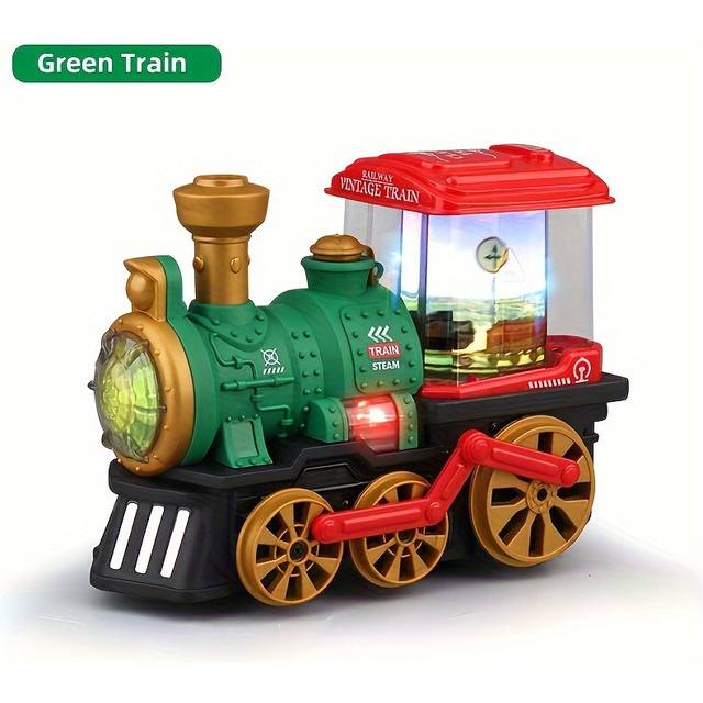 (Green) Vintage-Inspired Steam Train Toy with Electric Spray, Music & Lights - Durable Plastic Construction