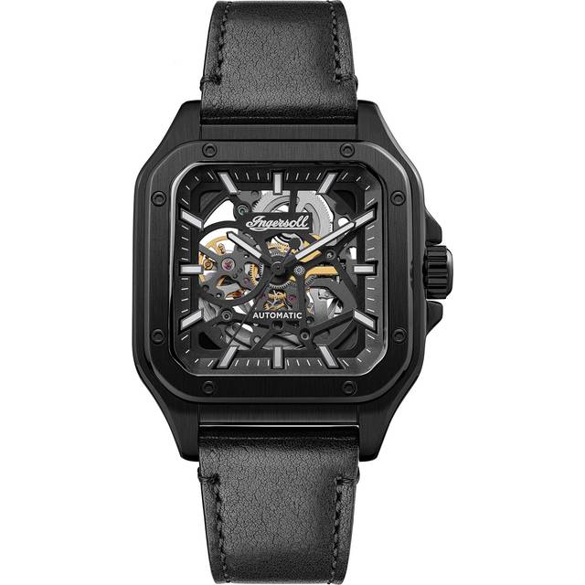 Ingersoll Men's Automatic Black Square Skeleton Dial Black Leather Strap Watch