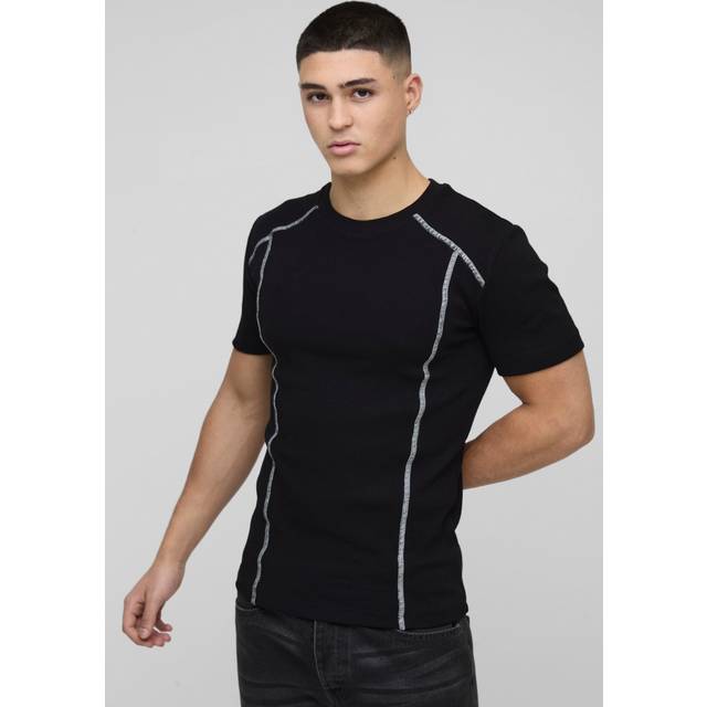 Muscle Fit Rib Contrast Stitch T-Shirt - Black - XL