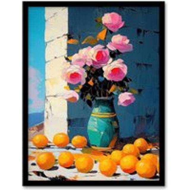 Rose Flower Bouquet Vase and Oranges Still Life Framed Art Print - Pink - W12 inch x H16 inch