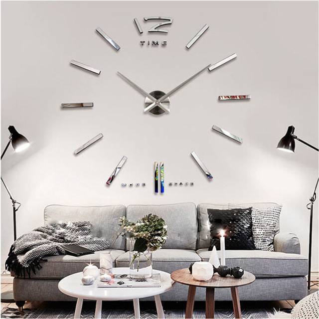 Big Large DIY Frameless Wall Clock Kit 3D Mirror Decoration Silver