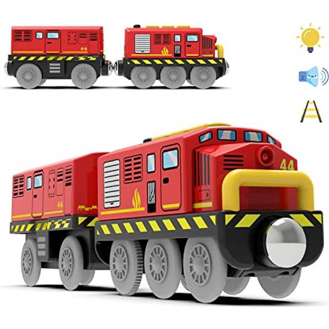 TOPLIVING Battery Operated Wooden Railway Train Set, Powerful Locomotive Train (Magnetic Connection) with Headlights and Sound for Recommended Age 3+