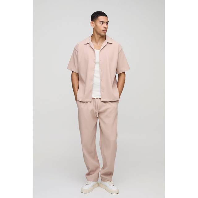 Mens Taupe Oversized Revere Pleated Shirt & Trouser Set