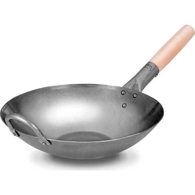 Craft Wok Flat Hand Hammered Carbon Steel Pow Wok with Wooden and Steel Helper Handle (12 Inch, Flat Bottom) / 731W316-12in