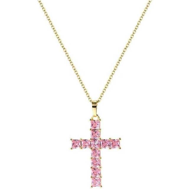 (Gold,Pink) Trendy Classic Unisex Cross Necklace Dropshipping Gold Multi Color Crystal Jesus Cross Pendant for Women Gifts