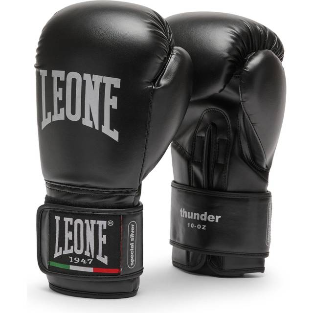 LEONE 1947 Boxing Gloves Unisex Synthetic Leather Outer PU Pad Velcro Fastener Clasp Black GN383 [THUNDER] (8oz) [Genuine Product] black