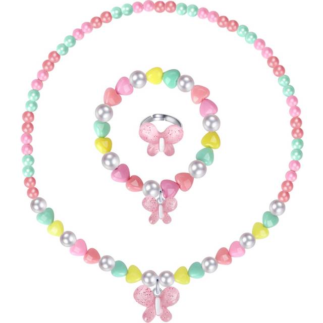 Girls Glitter Butterfly Jewelry Set - Toddler Butterfly Necklace Girls Pretend Plasy Toy Jewelry Box Set with Bead Necklace  Bracelet and Ring - Play