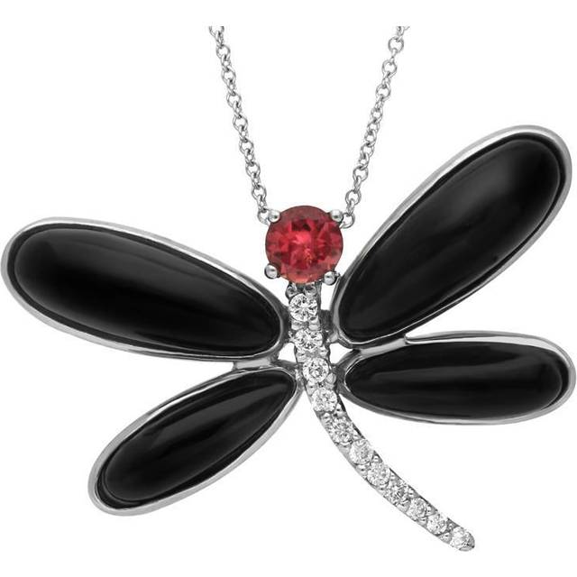18ct White Gold Whitby Jet Diamond Rubellite Dragonfly Necklace - White Gold
