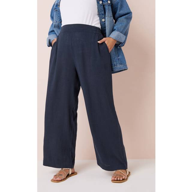 Yours Plus Size Navy Blue Linen Wide Leg Trousers Size 16